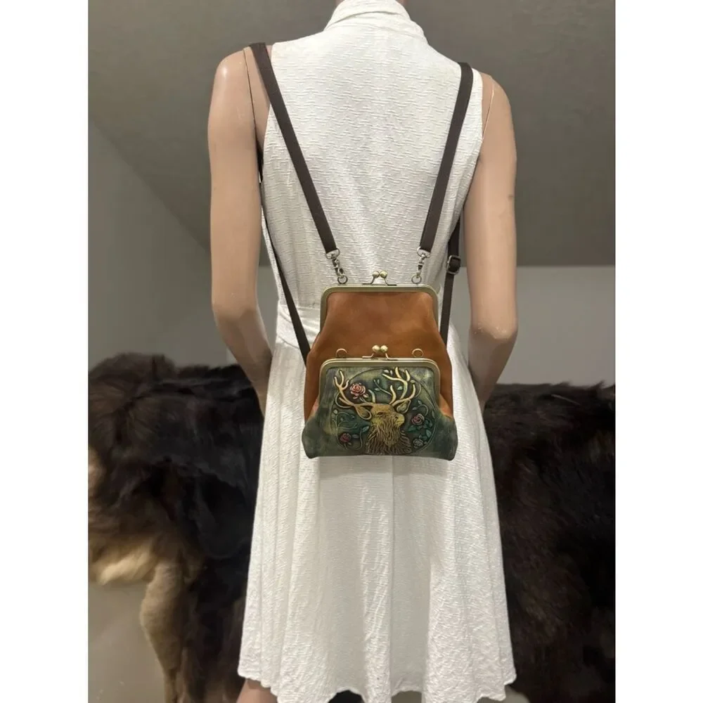 Unique Crazy Horse Cowhide Kisslock Double Frame Bag & Hand-Tooled Textured Deer